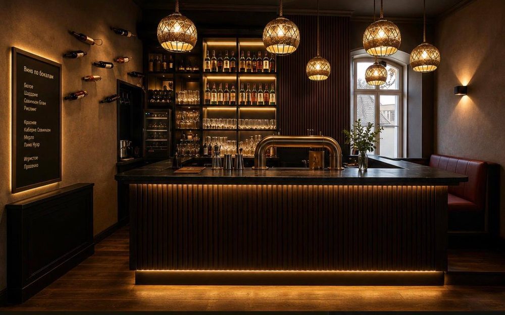 Bar des Adagio mit goldenen Hängeleuchten, beleuchteten Flaschenregalen und Weinkarte
